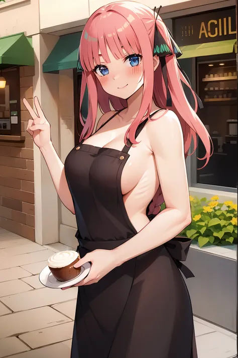 (Best quality:1.3), braided hair, adult, (naked:1.3), (apron), large breasts, thighs, smiling, cafe background, (blushing:1.3), (front view)