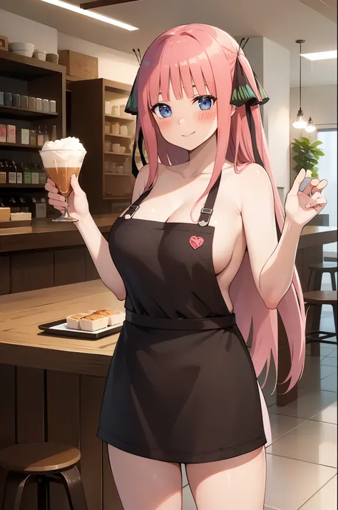 (Best quality:1.3), braided hair, adult, (naked:1.3), (apron), large breasts, thighs, smiling, cafe background, (blushing:1.3), (front view)