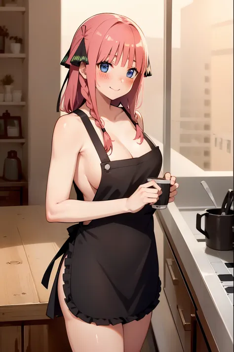 (Best quality:1.3), braided hair, adult, (naked:1.3), (apron), large breasts, thighs, smiling, cafe background, (blushing:1.3), (front view)