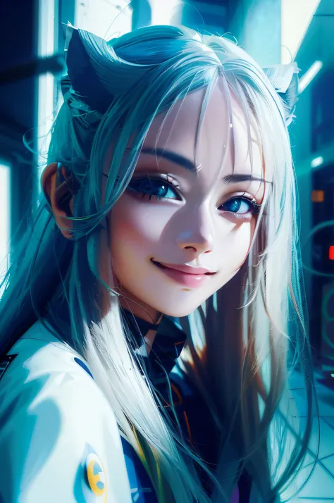 anime girl with long hair and cat ears smiling at the camera, stunning anime face portrait, portrait anime space cadet girl, a b...