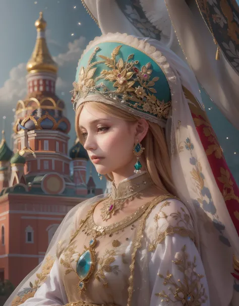 1 Russian Tsarina, Kokoshnik, Ancient Russia, shiny fabrics, Russian embroidery, Masterpiece, portraite of a, a closeup of a, gems, In the background is the Russian tower, radiance, shiny pollen, Elegantly, filigree, Cinematic, 4k