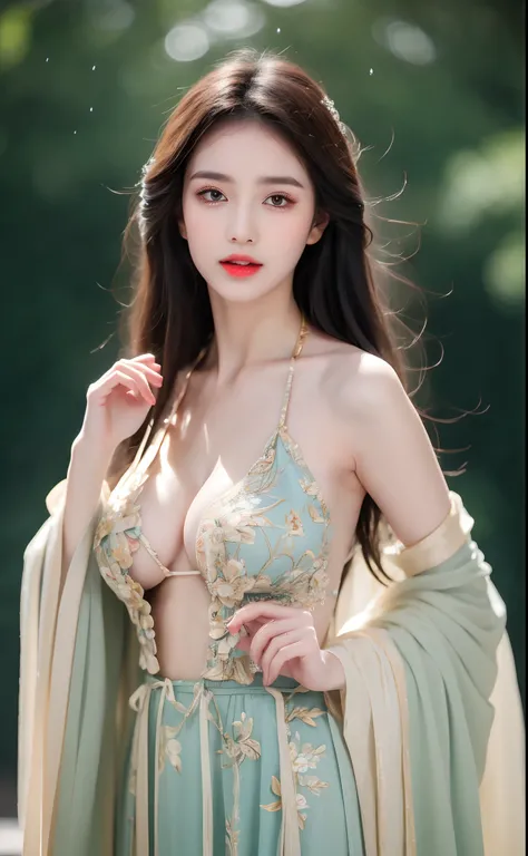 ((Best Quality, 8k, Masterpiece: 1.3)), Focus: 1.2, Perfect Body Beauty: 1.4, Buttocks: 1.2, ((Layered Haircut)), (Wet Clothes: 1.1), (Rain, Street:1.3), (Breasts: 1.2), (Hanfu: 1.2), Bare Shoulders, Bare Legs, Highly Detailed Face and Skin Texture, Fine E...