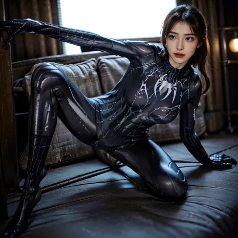 (Put on the female Spider-Man black Venom suit,dampness， Slimy， Black slime，black reotard, venom symbiote),Sky front, nice hand,4K, A high resolution, tmasterpiece, best qualtiy, Head:1.3,((Hasselblad photograp)), finelydetailedskin, tack sharp focus, (电影灯...