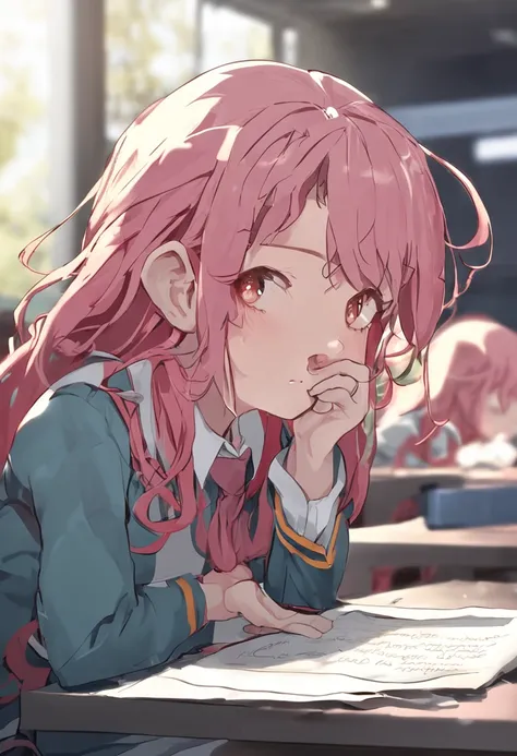 One girl with long hair and uniform, pink hair, looking away, sitting, embarrassed, blushing, mouth small open, classroom (girl leaking pee): 0.4)