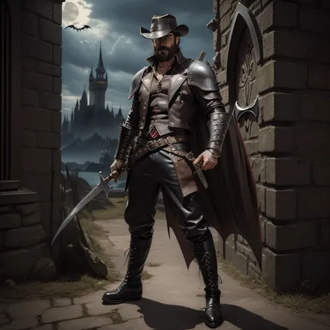 ( bearded vampire hunter with leather hat:1.2), (dagger:1.3), (leather armor+baggy pants+leather boots:1.2), (hero pose:1.1), (scene located in vampire castle:1.1)