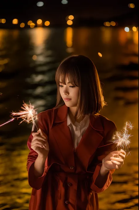 Woman holding fireworks in front of a body of water at night, fire works, shot with canon eoa 6 d mark ii, electric sparks, sparks flying, magical sparkles, taken with a Sony A7R camera, portrait shooting, taken with canon eos 5 d mark iv, brandon woelfel,...