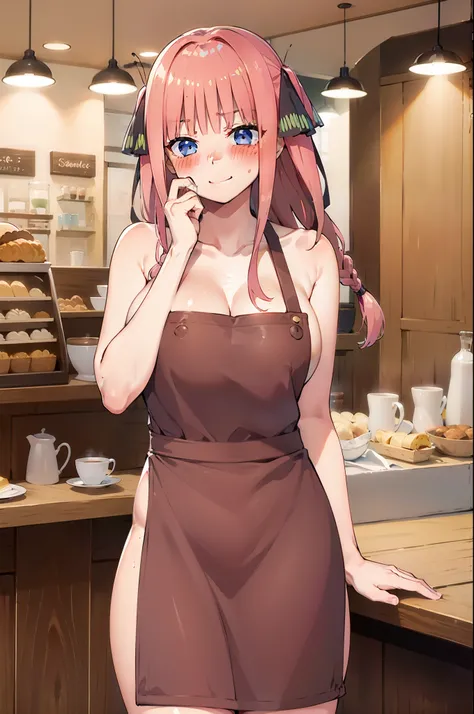 (Best quality:1.3), braided hair, adult, (naked:1.3), (apron), large breasts, thighs, smiling, cafe background, (blushing:1.3), (front view),disgust