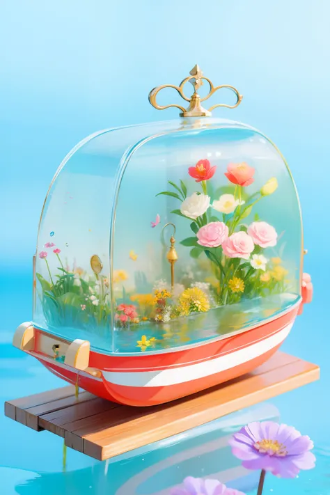 younge boy，carp，On the cute little boat，The water is full of flowers，Best quality at best，Beautiful colors，Bright colors，Transparent gloss，Glass texture