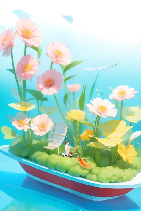 younge boy，carp，On the cute little boat，The water is full of flowers，Best quality at best，Beautiful colors，Bright colors，Transparent gloss，Glass texture