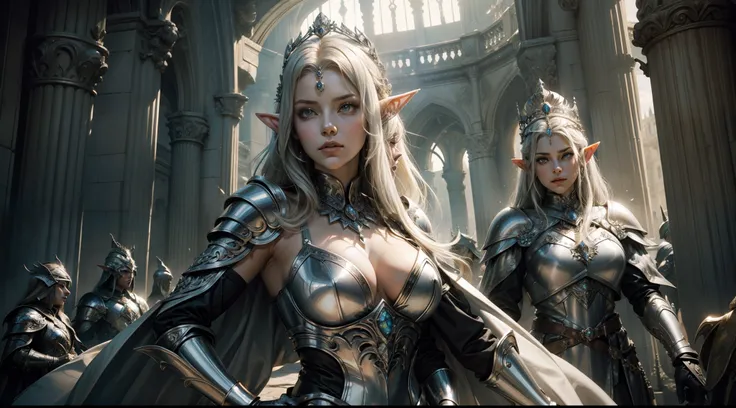 Female elf，Large breasts，Silver armor，tiara crown，dramatics，dynamicposes，The background is the palace，（Mid-range portrait：1.3），rays of sunshine，sceptre