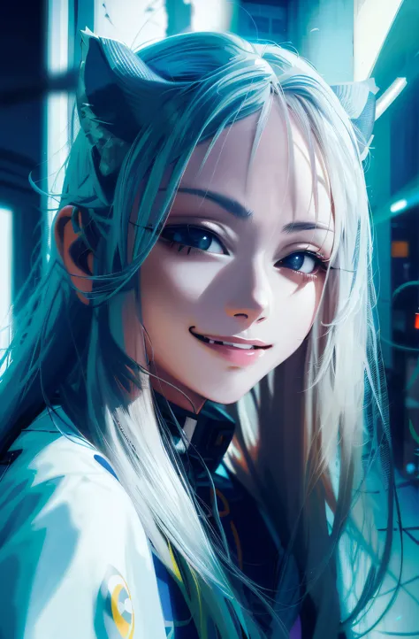 anime girl smiling，long hair and cat ears，portrait in lucia style。