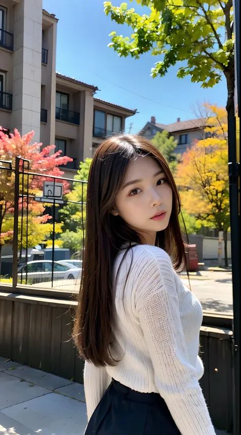 picture quality：high detail masterpiece 8k high resolution body content：on the street in the fall，autumn breeze blows，warm light...