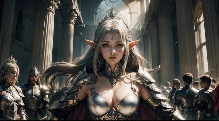 Female elf，Large breasts，Silver armor，tiara crown，dramatics，dynamicposes，The background is the palace，（Mid-range portrait：1.3），rays of sunshine，sceptre