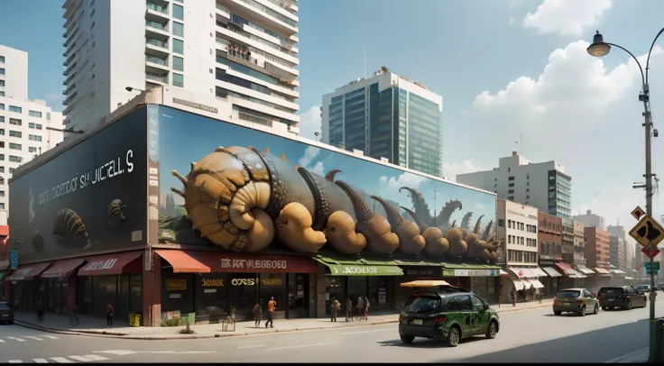 Giant snails attack big cities，Above billboards on the wall, The doorways of the shops on the street are densely packed with huge snails，Leaves traces of mucus，Realistic cinematic effects，detail-rich，realisticlying