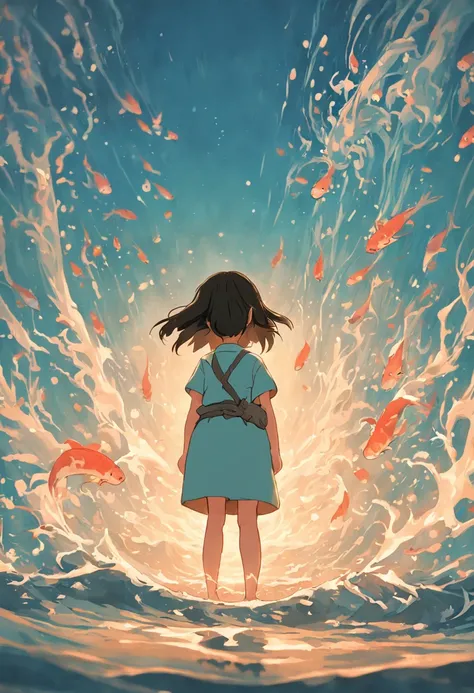 movie picture quality，Hayao Miyazaki animation，Miyazaki animation style，Miyazaki film animation，3D movies，China-style，Little girl with short braids standing in front of a huge koi，swell sea，depth of fields，high light，Real light，Ray traching，oc rendered，Hyp...