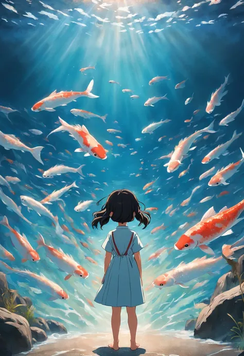 movie picture quality，Hayao Miyazaki animation，Miyazaki animation style，Miyazaki film animation，3D movies，China-style，Little girl with short braids standing in front of a huge koi，swell sea，depth of fields，high light，Real light，Ray traching，oc rendered，Hyp...