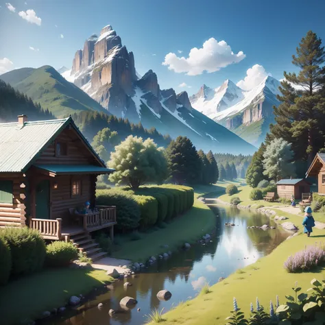 Under a blue sky，Snowy mountains in the distance，Green Valley nearby，Small river water，log cabin，Cute elves playing in the garden，Basket in hand， Realistic anime 3 D style, Miyazaki manga style, Realistic anime sprite rendering, Fresh colors, Beautiful dig...