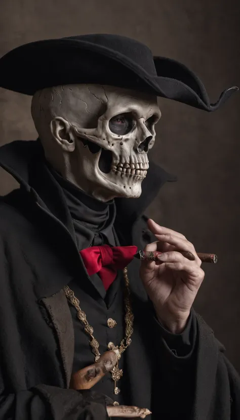 a skull-man, he is dressing a black cape and smoking a cigar, he wears a hat, he is classy, the background is a cemetery with bats and red candles, all the colors are black and red