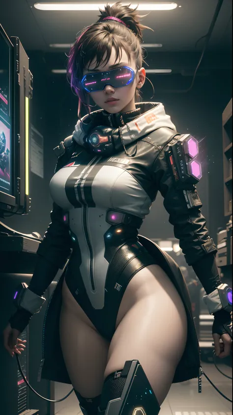 ((Best Quality)), ((Masterpiece)), (Very detailed:1.3), 3D, Beautiful (Cyberpunk:1.3) Female hacker, Mohican hairstyle, back to viewer, thick hair, operating computer terminal, head-mounted display, computer server, LCD screen, fiber optic cable, company l...