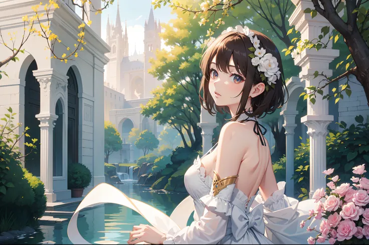 Official Art, Masterpiece European female, elvish, short hair, pale brown hair , brown eyes, (​masterpiece、top-quality、hight resolution: 1.4),in 8K, Drawing of a woman with short pale brown hair, Anime Art Nouveau, highly detailed exquisite fanart, anime f...