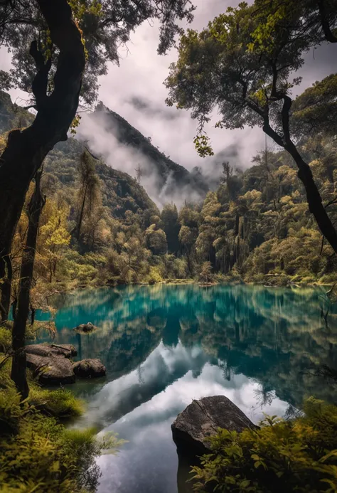 (Light magic:1.2), (Grim:1.1) forest, springtime，Yunnan, (Intricate details), A mirror-like lake，(ultra - detailed), 8k hdr, high detal, A lot of detail, High quality,Tyndall effect， (Colored:1.3)