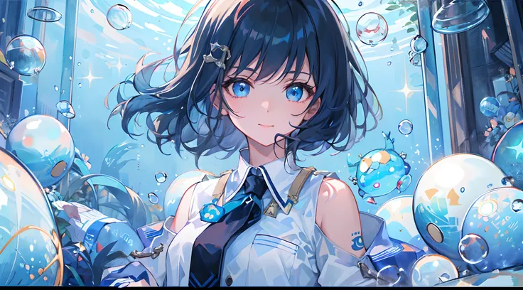 ((top-quality)), ((​masterpiece)), ((ultra-detailliert)), (extremely delicate and beautiful), girl with, 独奏, cold attitude,((Black jacket)),She is very(relax)with  the(Settled down)Looks,A dark-haired, depth of fields,evil smile,Bubble, under the water, Ai...