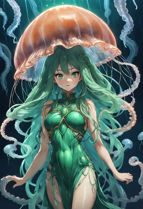 ((jellyfish monster from Greek mythology)), ((best quality)), ((masterpiece)), ((realistic)), full body, the hair is composed of countless small snakes, ((green eyes)), female face, metal carved top, royal aura, trend on artstation , sharp focus, studio ph...