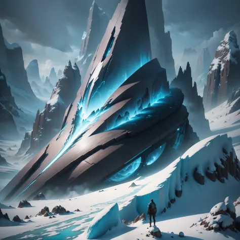 A new world of icy landscapes, Fantastic creatures and spaceships in the sky, spaces, Inception, Science fiction, 4K, High quality, Unreal Engine, Fantasy Art ,Clean design, epic instagram, art  stations, Splash of colorful paint, contour lines, hyperdetai...