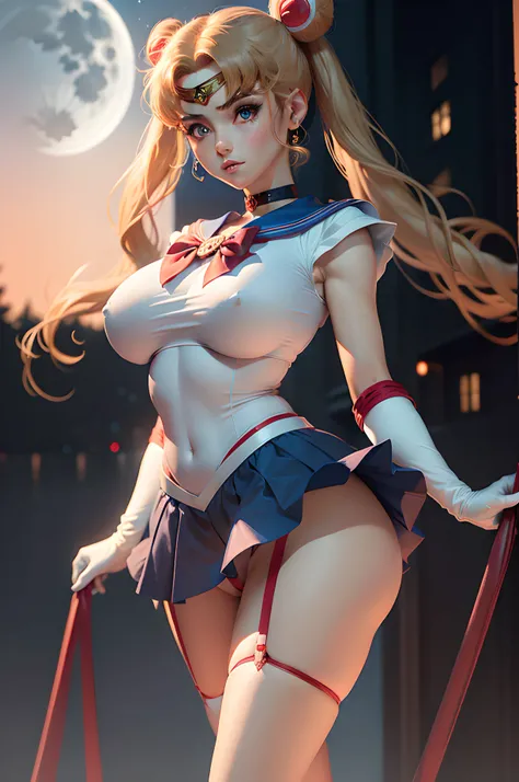 (masterpiece, best quality, ultra detailed, absurdres)1.5, 1girl, Sailor Moon, (sexy, beautiful woman, perfect face, perfect eyes, perfect female body, huge breasts)1.5, (aausagi, double bun, twintails, parted bangs, circlet, jewelry, earrings, choker, red...