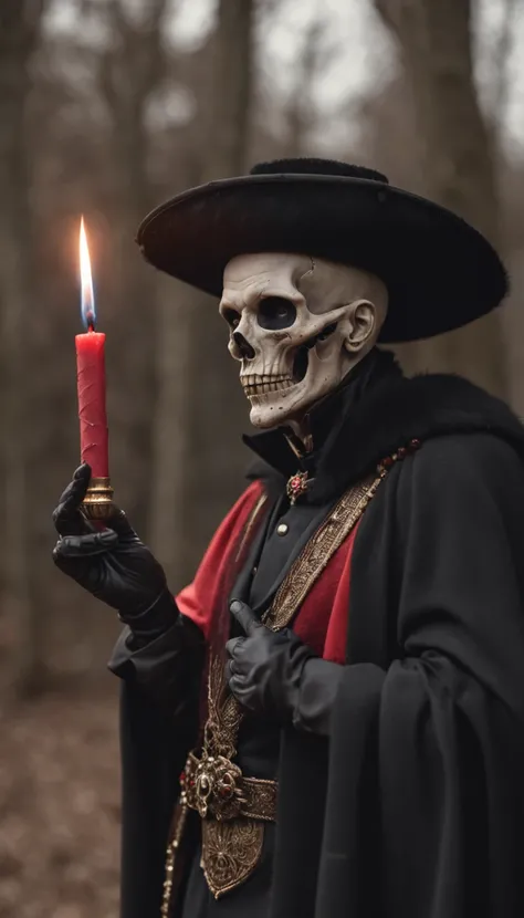 a skull-man, he is dressing a black cape and smoking a cigar, he wears a hat, he is classy, the background is a cemetery with bats and red candles, all the colors are black and red