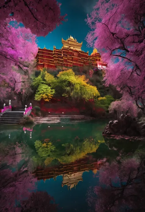 (Light magic:1.2), (Grim:1.1) forest, springtime，Potala Palace, Lhasa, (Intricate details), A mirror-like lake，(ultra - detailed), 8k hdr, high detal, A lot of detail, High quality,Tyndall effect， (Colored:1.3)