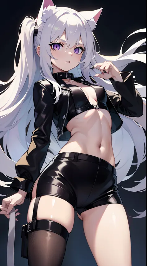 young girl, Long white hair, cat ears, violet eyes, leather jacket, briefs, tear stockings, Black Top, open belly, Lots of scars, claws, anger, Masterpiece, hiquality