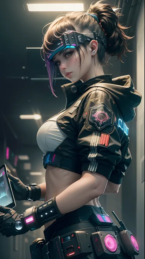 ((best quality)), ((masterpiece)), (very detailed:1.3), 3d, beautiful (cyberpunk:1.3) female hacker, mohican hairstyle, back to ...