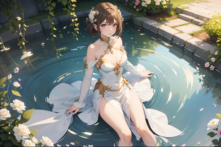 Official Art, Masterpiece European female, elvish, short hair, pale brown hair , brown eyes, (​masterpiece、top-quality、hight resolution: 1.4),in 8K, Drawing of a woman with short pale brown hair, Anime Art Nouveau, highly detailed exquisite fanart, anime f...