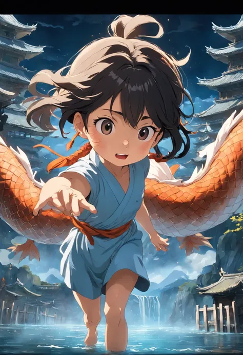 movie picture quality，Hayao Miyazaki animation，Miyazaki animation style，Hayao Miyazaki animated film，3D movies，China-style，A little girl with short braids rode a huge koi leaping over the dragon gate，depth of fields，high light，Real light，Ray traching，oc re...