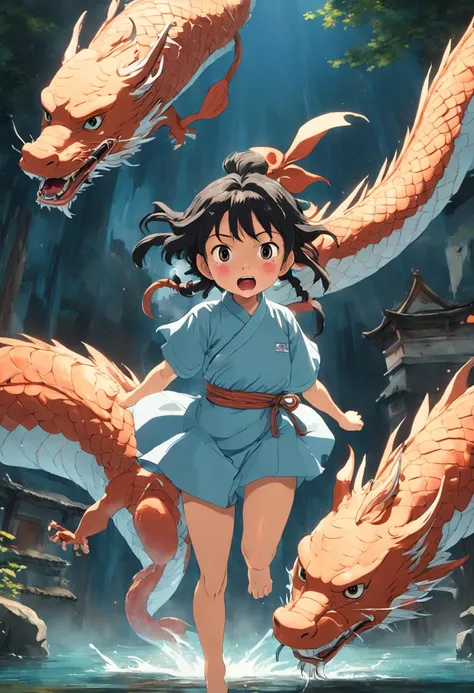 movie picture quality，Hayao Miyazaki animation，Miyazaki animation style，Hayao Miyazaki animated film，3D movies，China-style，A little girl with short braids rode a huge koi leaping over the dragon gate，depth of fields，high light，Real light，Ray traching，oc re...