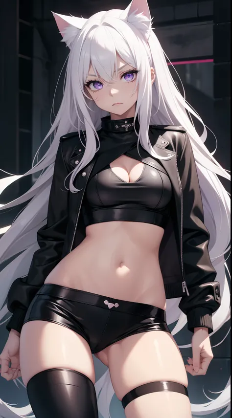 young girl, Long white hair, cat ears, violet eyes, leather jacket, briefs, tear stockings, Black Top, open belly, Lots of scars, claws, anger, Masterpiece, hiquality