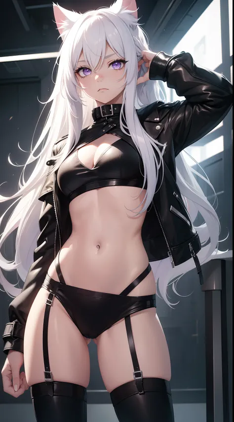 young girl, Long white hair, cat ears, violet eyes, leather jacket, briefs, tear stockings, Black Top, open belly, Lots of scars, claws, anger, Masterpiece, hiquality