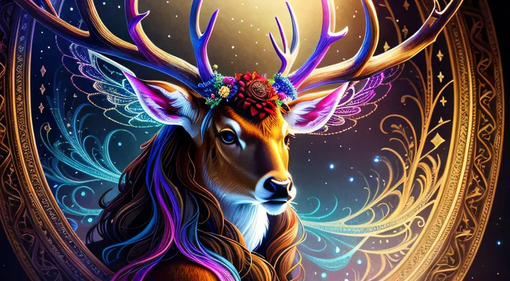 Close-up of a deer wearing a flower crown on its head, anthropomorphic female deer, anthropomorphic deer female, anthropomorphic deer, an anthropomorphic deer, colorfull digital fantasy art, Beautiful art UHD 4 K, mythological creatures, deer portrait, jen...