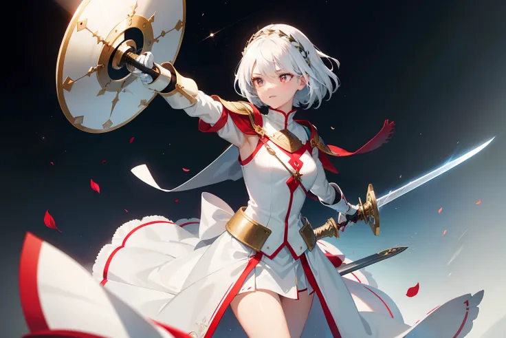 white color hair，teens girl，Medieval Warrior，Holding a sword in his left hand，Raise the shield with your right hand，Silver-white armor，Reflective，Red tone，Red pupils