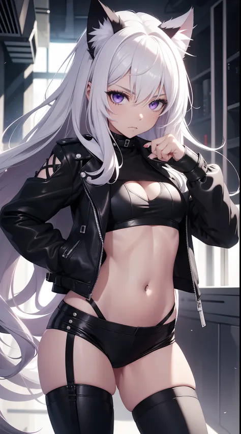 young girl, Long white hair, cat ears, violet eyes, leather jacket, briefs, tear stockings, Black Top, open belly, Lots of scars, claws, anger, Masterpiece, hiquality