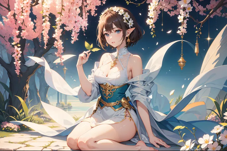 Official Art, Masterpiece European female, elvish, short hair, pale brown hair , brown eyes, (​masterpiece、top-quality、hight resolution: 1.4),in 8K, Drawing of a woman with short pale brown hair, Anime Art Nouveau, highly detailed exquisite fanart, anime f...