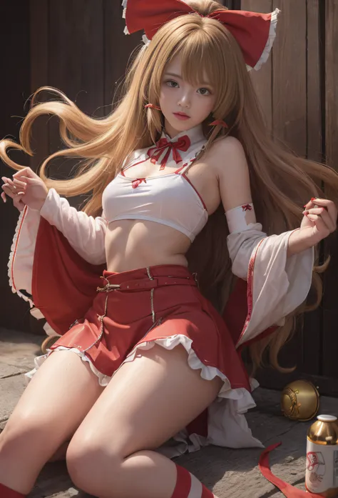 ((Borei Reimu)), ((Proyecto Touhou)), cosplay, (rubia), ((Cabello extra largo con flequillo)), (cola de caballo)), ((red ribbon)), ((falda roja muy corta)), ((She wears a gorgeous mini skirt)), (Pecho medio), (Ropa abierta), (sin mangas), ((ombligo)), (Pau...