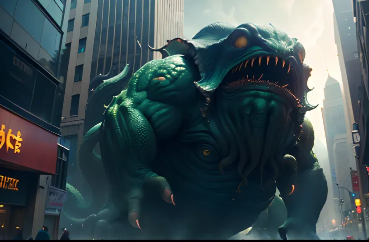 Giant Cthulhu monsters roam the city，The sense of smallness of human beings，Look up，Cinema lenses，SENSE OF CINEMA，Premium lighting，tmasterpiece，right structure，Epic