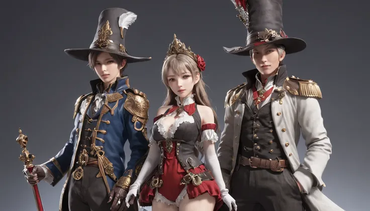 Anime characters standing side by side in costumes and hats, sakimichan and frank franzzeta, granblue fantasy, ffxiv heavensward, Detailed key anime art, high detailed official artwork, key art, Official artwork, 2. 5 D CGI anime fantasy artwork, final fan...