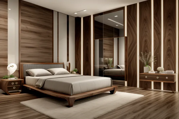 modern bedroom, furniture made from walnut wood, masterpiece,ultra realistic,32k,extremely detailed cg unity 8k wallpaper, best ...