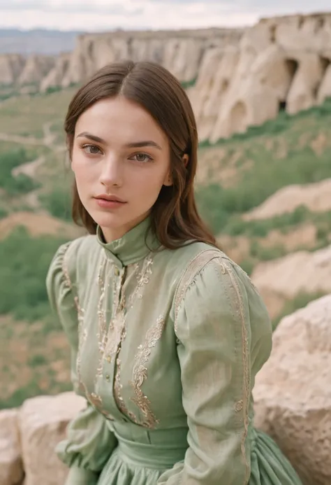 120mm photograph medium format film photography Kodak portra young, Russian Girl, 22yo, green tight outfit, tall woman, beauty. Background Cappadocia, Joyful, Emphasisers, Muted Colours, Hasselblad