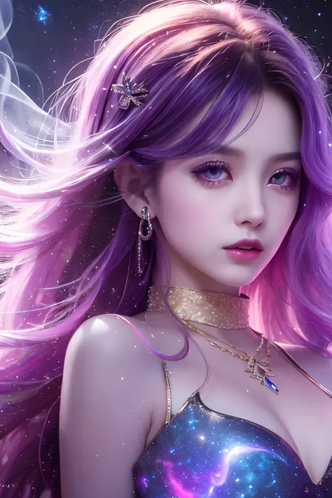 Background: Mysterious and quantum setting, Cosmic elements and、An ethereal atmosphere where brilliant lights and colorful nebulae intertwine. Theme: A mysterious girl with a magical aura. She has long, Colorful wavy curls, Highlight with a glossy lock. Hi...