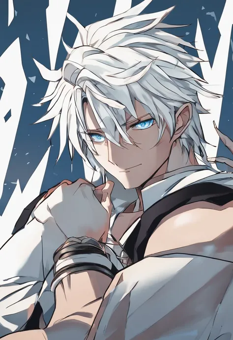 a close up of a person with a black shirt and a white hair, Tall anime guy with blue eyes, male anime character, white-haired god, Anime handsome man,  Handsome anime pose, young anime man,  , ,white haired Cangcang, Male anime style，Elf ears