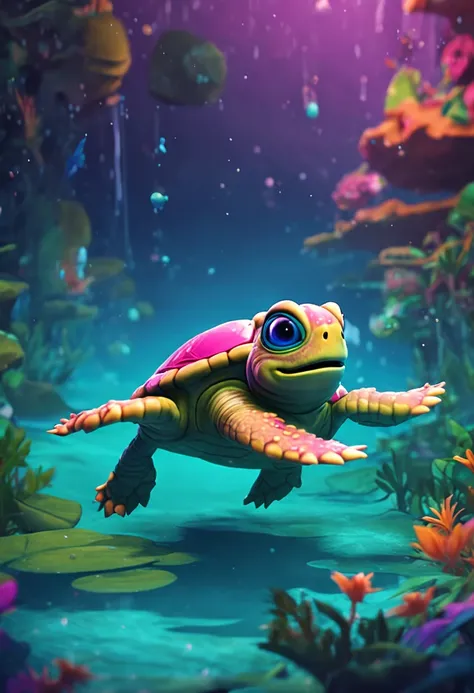 Animation style，Cute monster Jeni turtle，Swim in the water，Exudes magical energy。